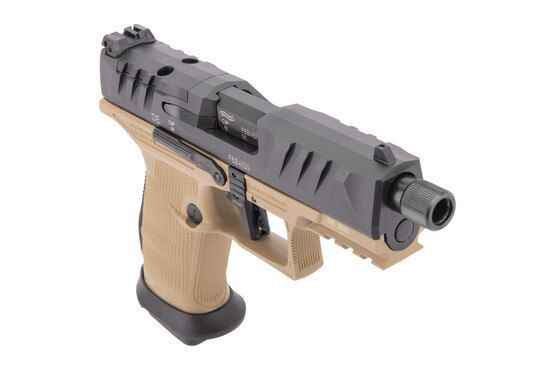 Threaded barrel 9mm Walther handgun with optic-ready slide.